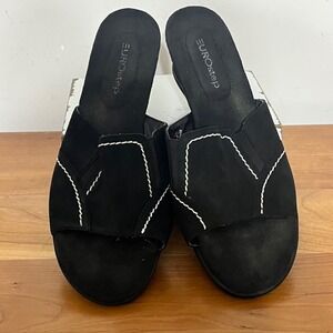 Eurostep Allspice Black Leather Wedge Sandals Slides White Stitching Womens 9M